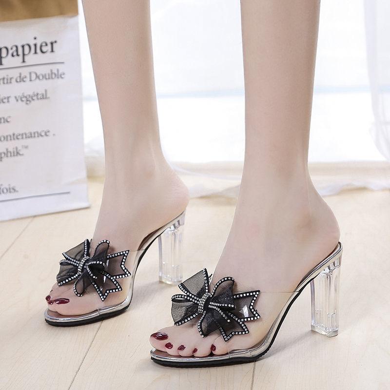 Super High Heels Rhinestone Shoes for Women With Bow Open Toe Woman Slippers 39 Designer Luxury Sandals Slip-resistant Slides