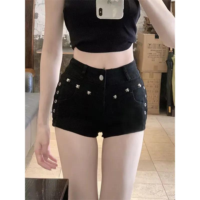 Women's Spicy Black Rivet Denim Ultra-Shorts - Stretchy Low-Waist Slimming Hot Pants