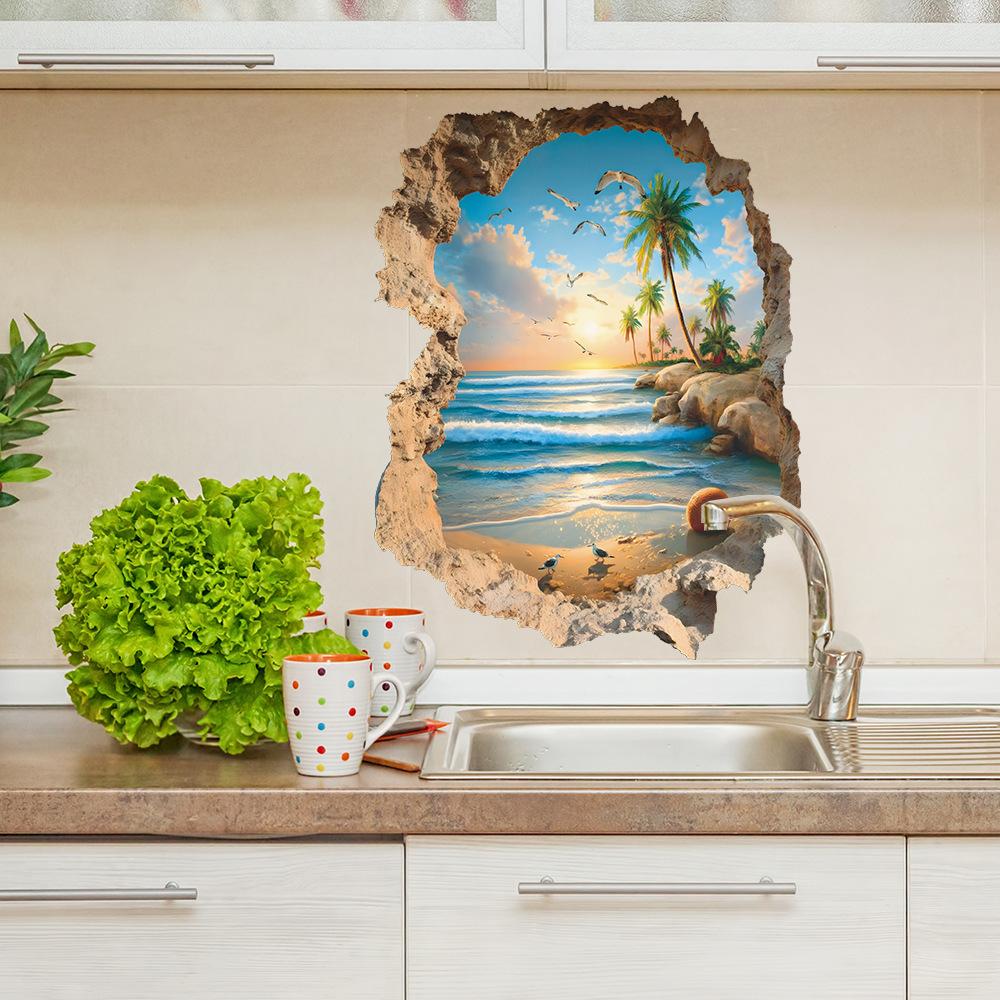 Stickere Personalizate pentru Decorarea Peretelui și Înfrumusețarea pentru Livingul Acasă Sub Apusul Soarelui, Prezentând Marea și Plaja