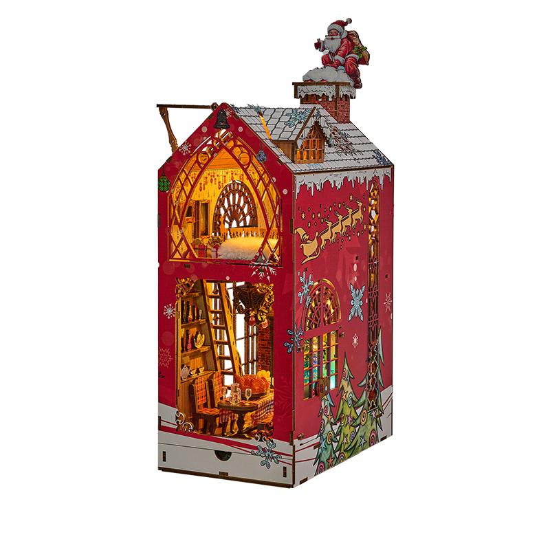 

Рождественский деревянный книжный уголок своими руками, наборы деревянных рождественских кукольных домиков, книжная полка, вставка, декор со светодиодной подсветкой, 3D-модель головоломки, подарки красный