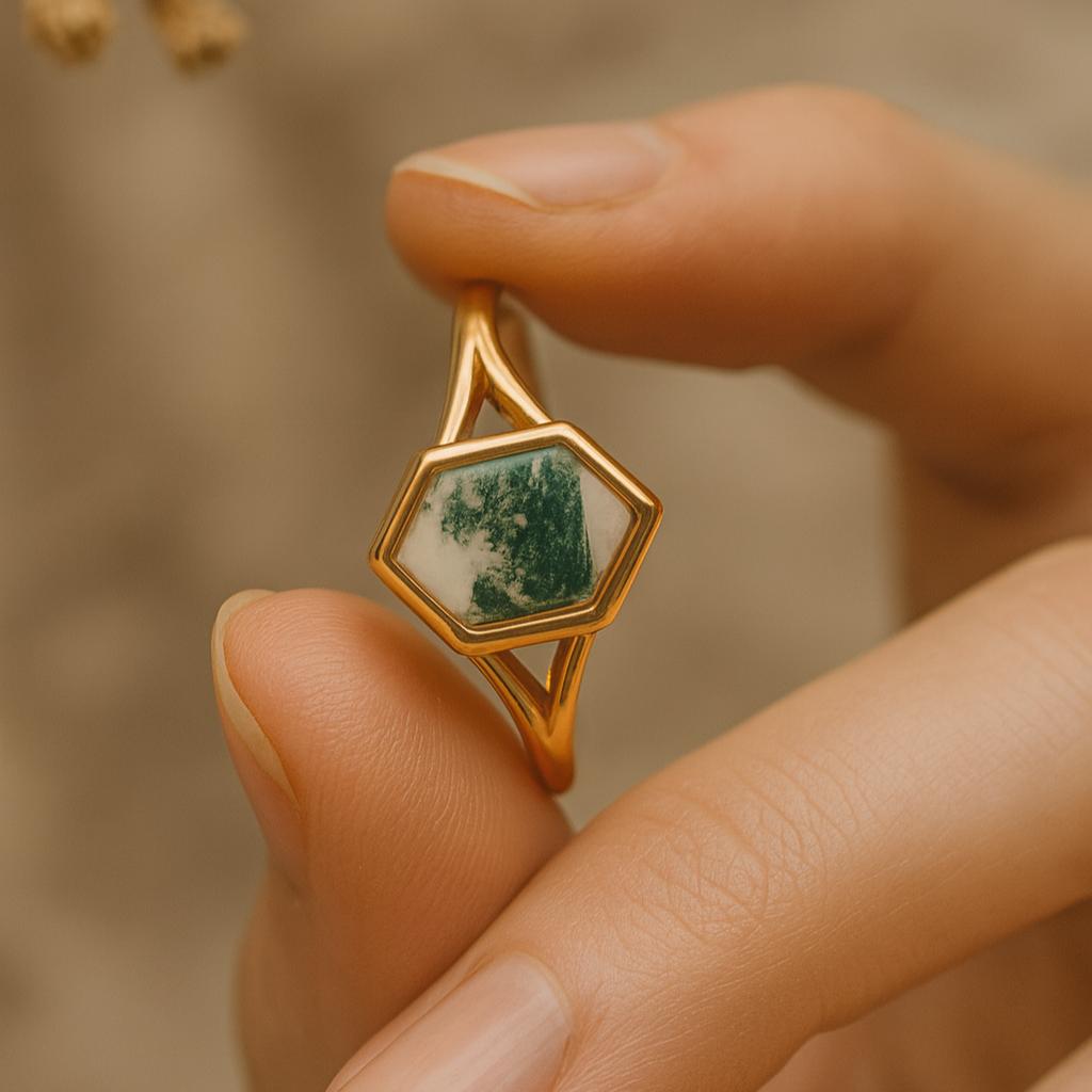 Wedding Engagement Anniversary Promise Gift – Vintage Hexagon Cut Moss Agate Ring, Yellow Gold Plated Bezel Setting Bridal Jewelry for Women
