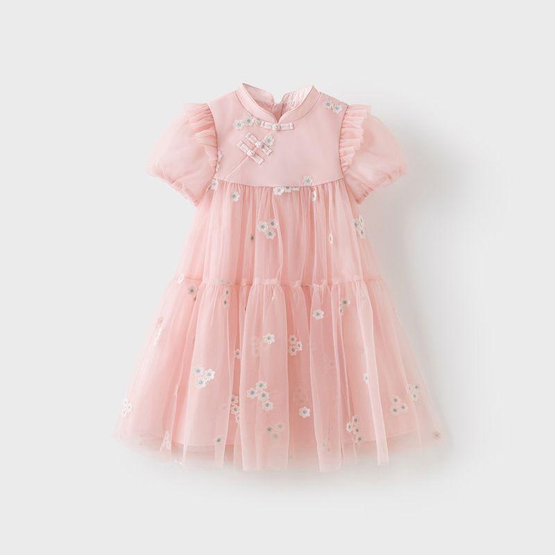 David Bella Girls  National Style Dress, Trendy Mesh Skirt for Older Children, 2026 Summer New Children s Dress Falling Light Pink [Ready Stock] 110