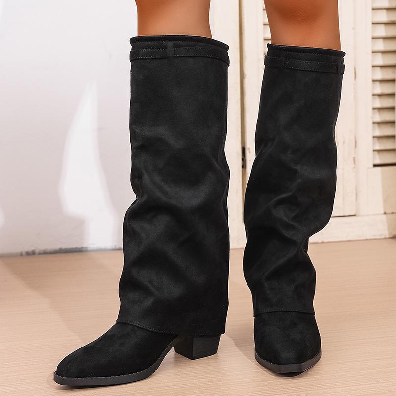 Fashion Slip On High Heeled Knee High Boots Women Autumn Winter High Tube Rider Boots Woman Pointed Toe Thick Heel Long Botas