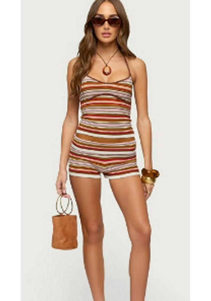 Women's Summer Color Block Stripe Spaghetti Strap Slim Fit Shorts Set