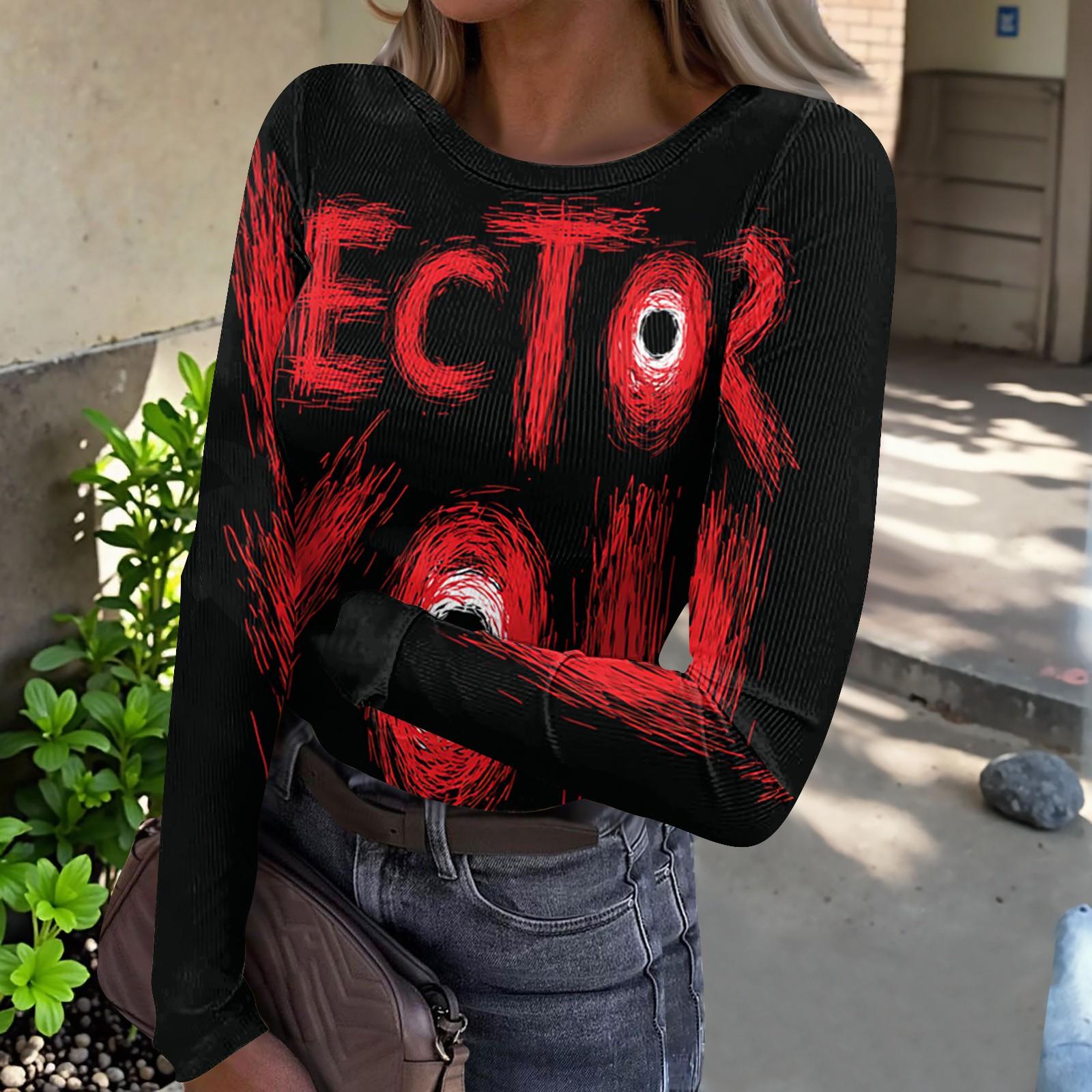 Women s Long Sleeve Neck Halloween Print Ribbed Knit Tops Casual Fall Shirt L