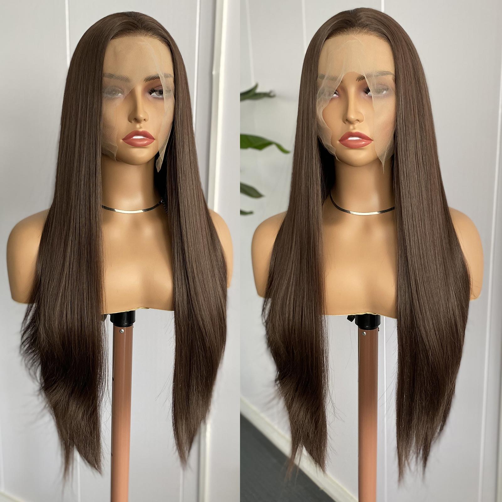 

AIMEYA Brown Lace Front Wig Synthetic Long Silky Straight Wigs for Women 13x4 Glueless Natural Hairline Daily Wear Cosplay Party (Brown,18inches&Lace Front)