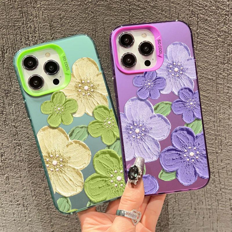 Stylish Laser Phone Case For iPhone 14 15 16 Plus Pro Max 17 11 12 13 Mini Pro Max Oil Painting Flower Cute Floral Back Covers
