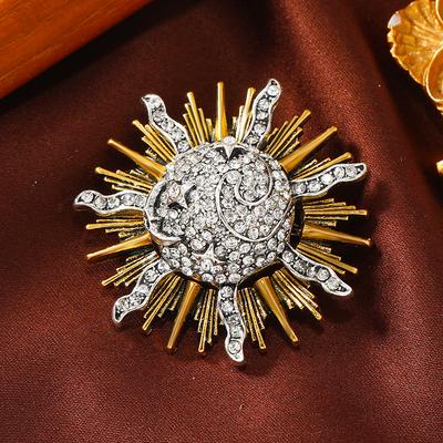 Broche solaire rétro européenne et américaine, style cour médiévale, fleur de poitrine strass vintage, fleur de soleil babylonienne, broche gemme
