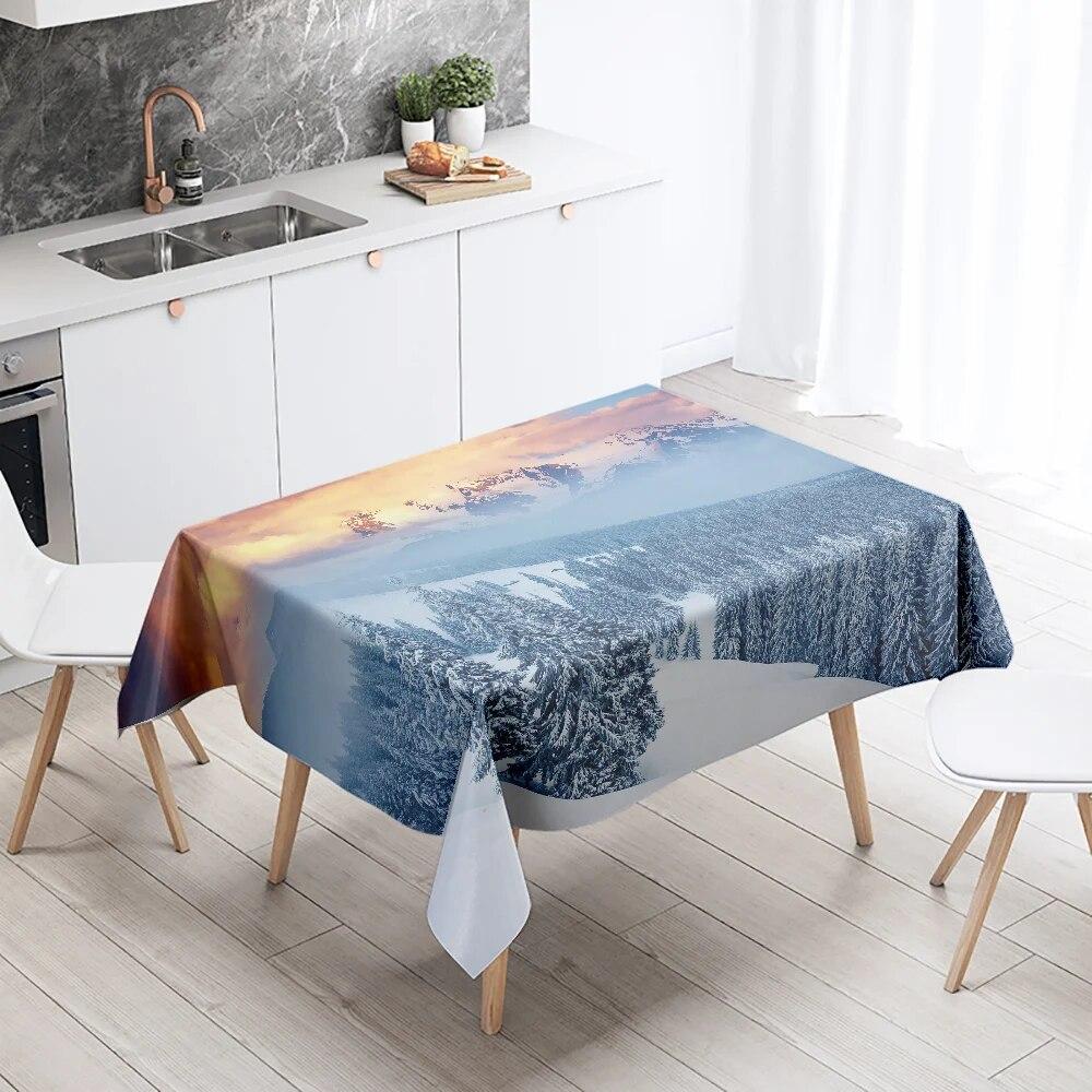 Față de masă cu zăpadă de iarnă frumoasă, anti-fouling, impermeabilă, dreptunghiulară, pentru decorarea casei