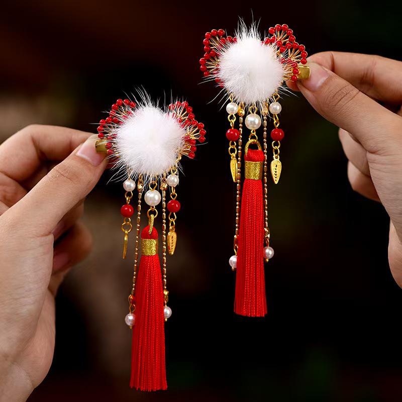 Children's Festive Hanfu Hair Clips: Cute Pom-poms & Tassels