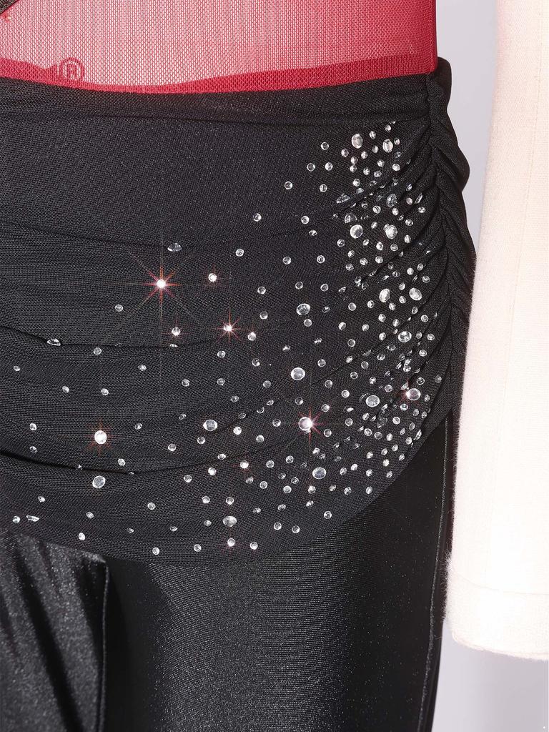 Girls Color Block Dance Jumpsuit Glittery Rhinestones Mesh Ruched Overlay Asymmetrical Bell Bottom Bodysuit