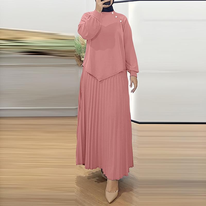 ZANZEA Women Long Sleeve Blouse and Long Pleated Skirts Casual Two Piece Suit Sets