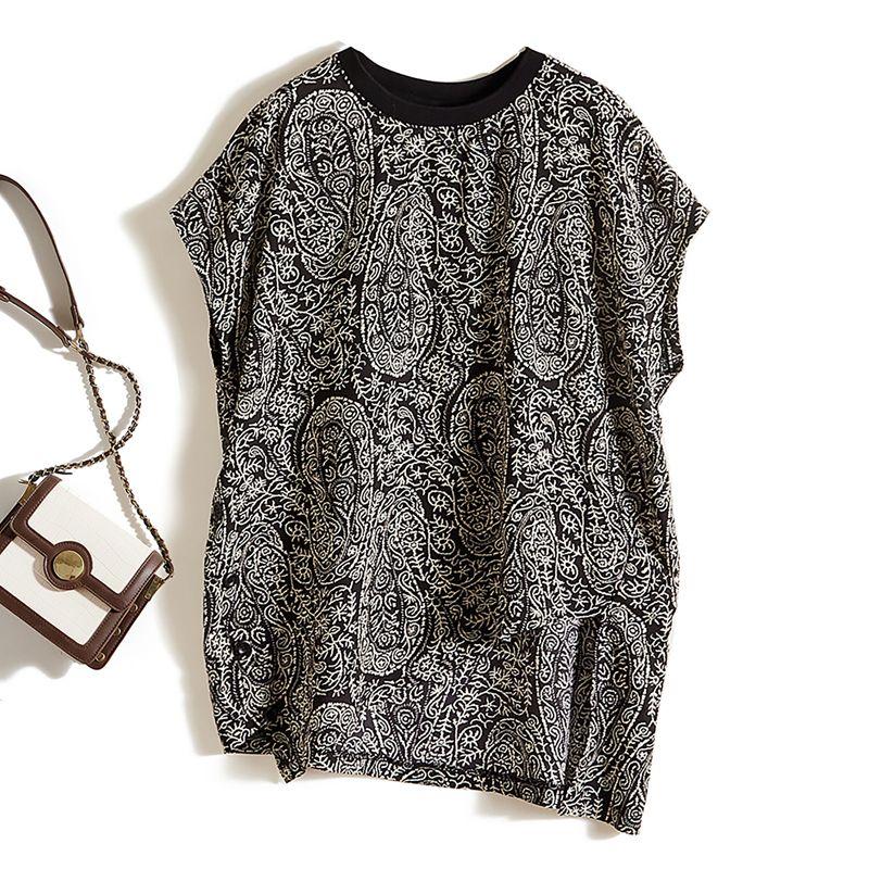 

Nordic Fashion Style Summer Sun Protection Cover up! Women Irregular Long Ramie Yarn round Neck Raglan Sleeve T-shirt Breathable Black L