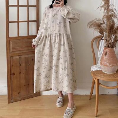 Herbst Vintage Print Frauen Kleider Japanischen O-ausschnitt Render Volle Hülse Lose Frauen Kleider