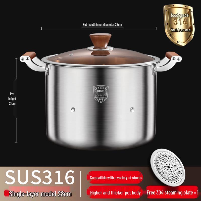 316 Stainless Steel Large Capacity Stock Pot for Stewing, Broiling, and Steaming, Food-Grade and Integrated Molding Design.