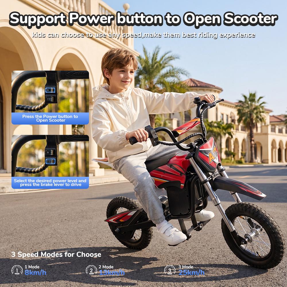 Trotinetă Electrică A12 pentru Copii 350W 4.5Ah Roți de 12'' Suspensie Față și Spate 3 Viteze 8-25KM/H Autonomie 19-22KM Trotinetă Electrică pentru Copii