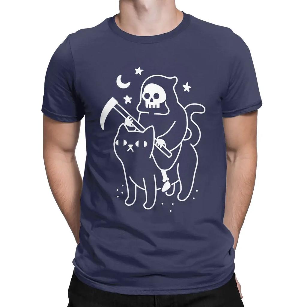Men Death Rides A Black Cat T Shirts Halloween Skull 100% Cotton Tops Novelty Short Sleeve Round Neck Tee Shirt Gift T-Shirt
