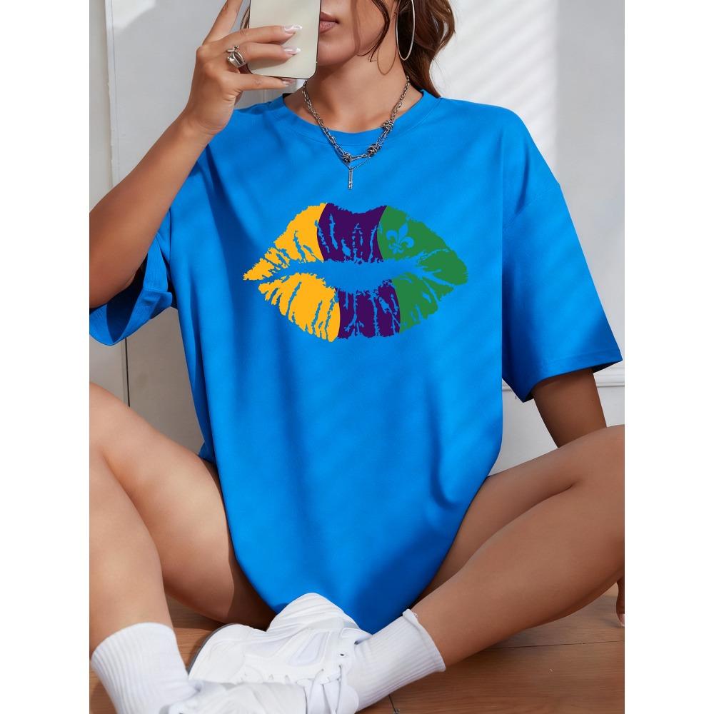 Happy Carnivals Creative Lips Printed Women T-Shirt Cotton Y2K T Shirts Comfortable Short Sleeve Oversized Summer