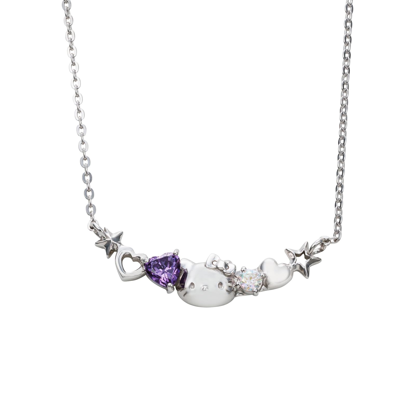

Necklace Hello Kitty 50th Anniversary Sanrio Characters Silver 925 Cubic Zirconia Heart Star Double Hanging V Shape Silver [White Clover]