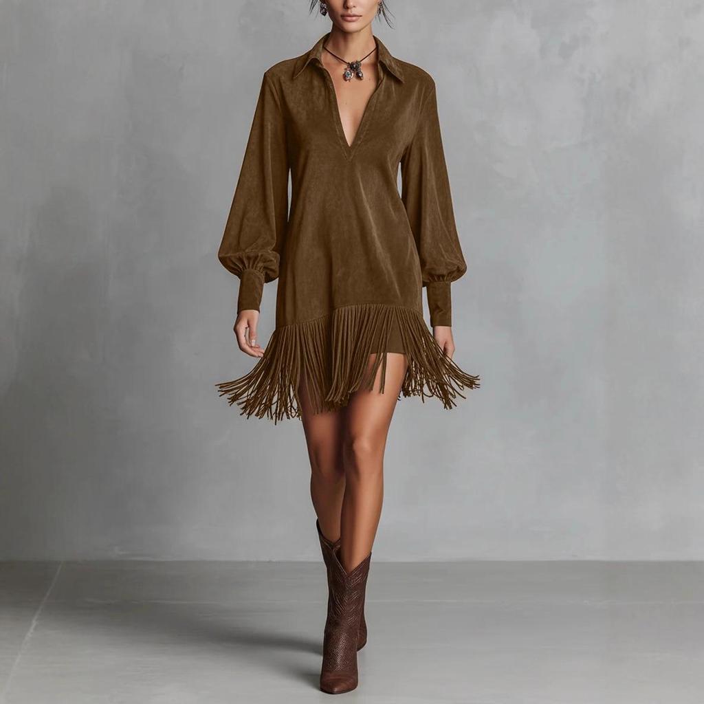 Western Cowboy Faux Suede Fringed Slim Fit V-Neck Dress for Women