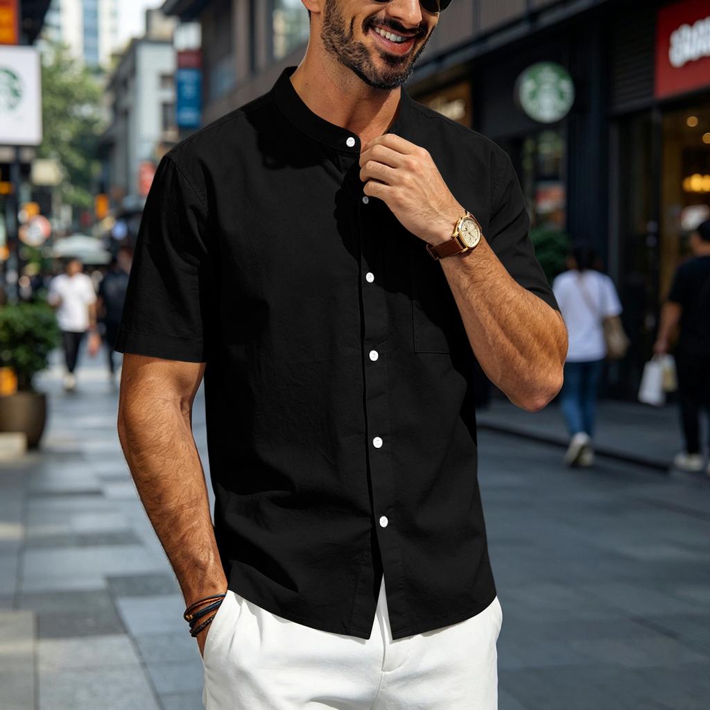 Mens Linen Shirt Short Sleeve Stand Collar Casual Loose Fit Breathable Lightweight Button Down Top with Chest Pocket
