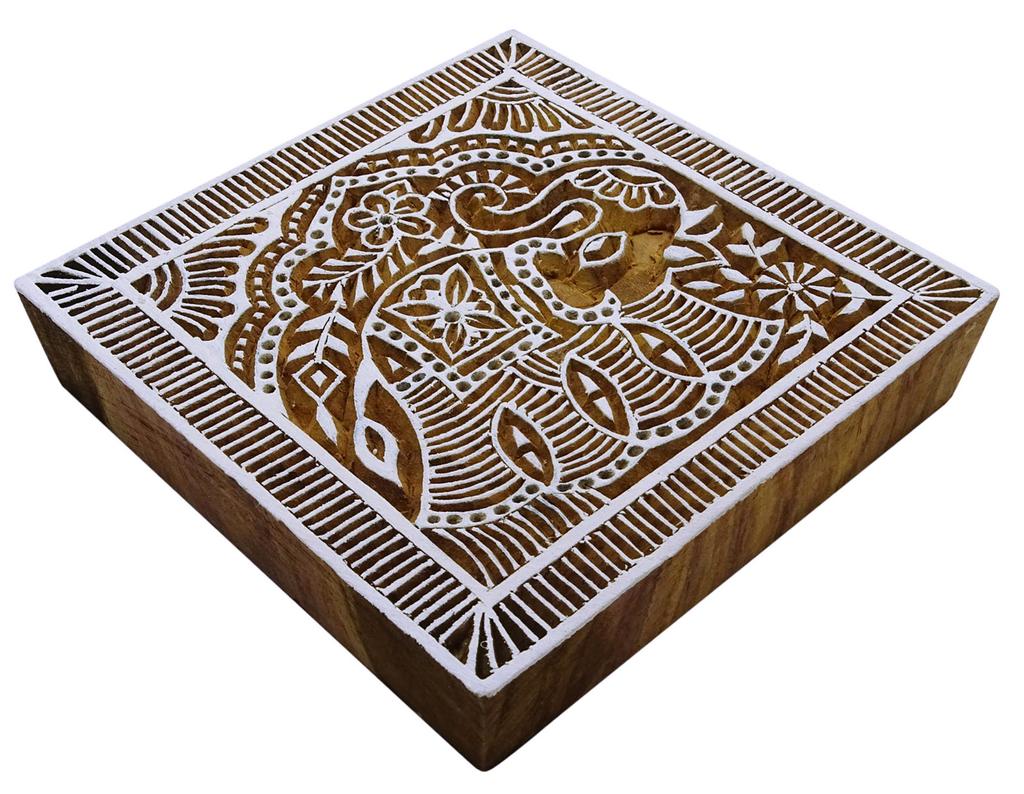 IBA Indianbeautifulart Square Shape Wooden Block Elephant Design Handcrafted Traditional Fabric