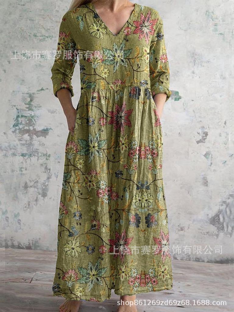 Damen Langarm V-Ausschnitt Maxi Kleid mit Streifenmuster, Knöchellanges Fließendes Kleid, Lässig Elegantes Kleid