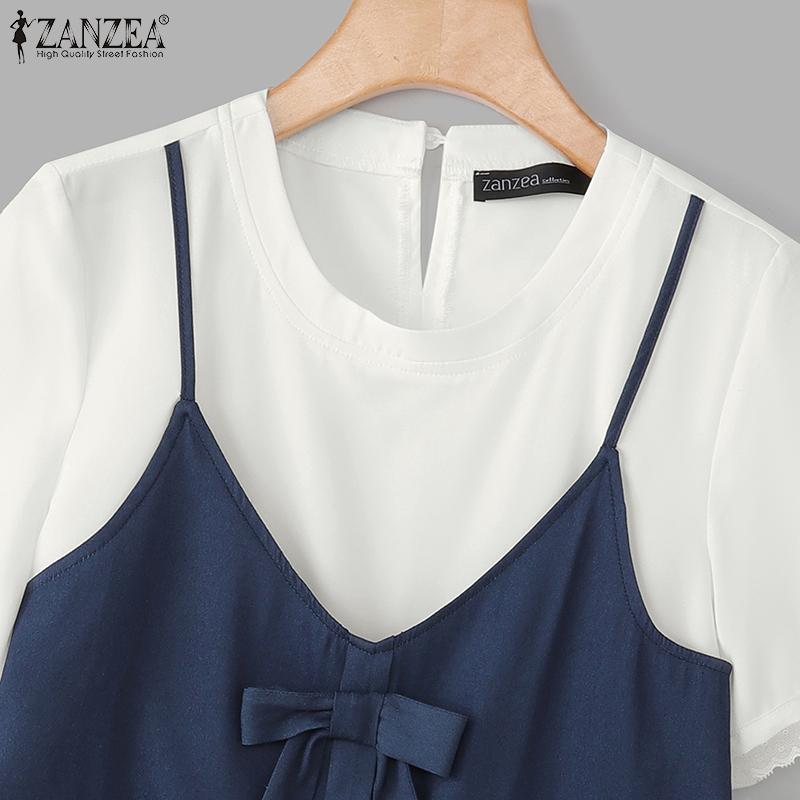 ZANZEA Women Summer Casual Round Neck Short Sleeve Patchwork T-Shirts