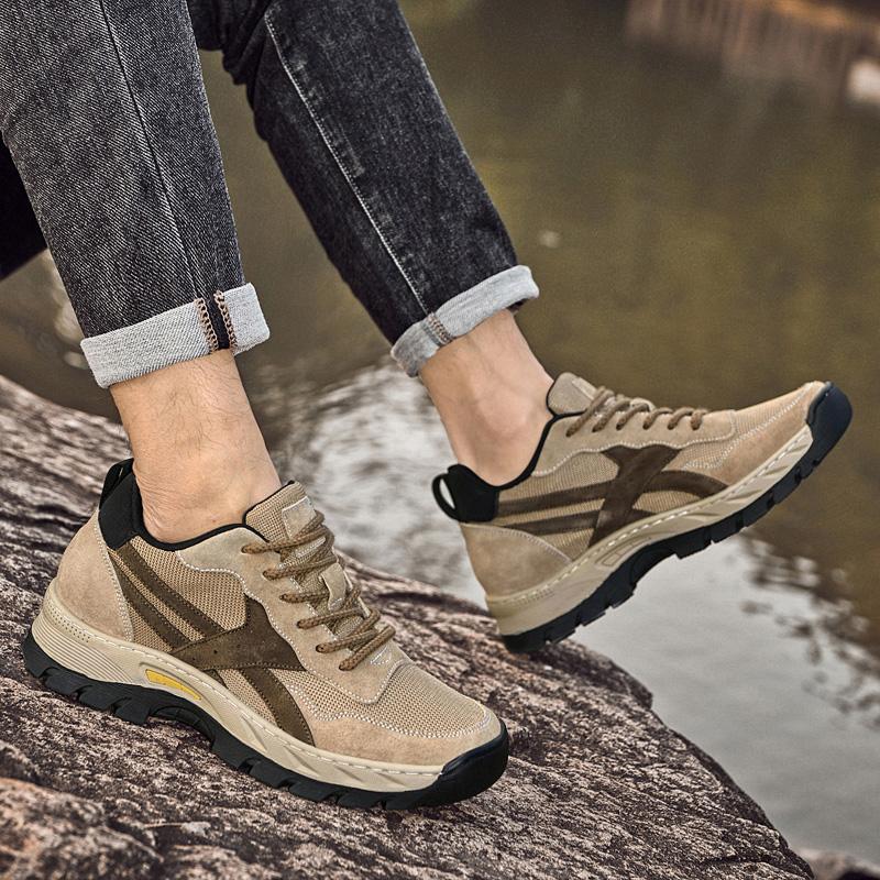 Men's Breathable Genuine Leather & Mesh Hidden Elevator Casual Sneakers Lift Outdoor Sports Work Hiking Height Increasing Shoes