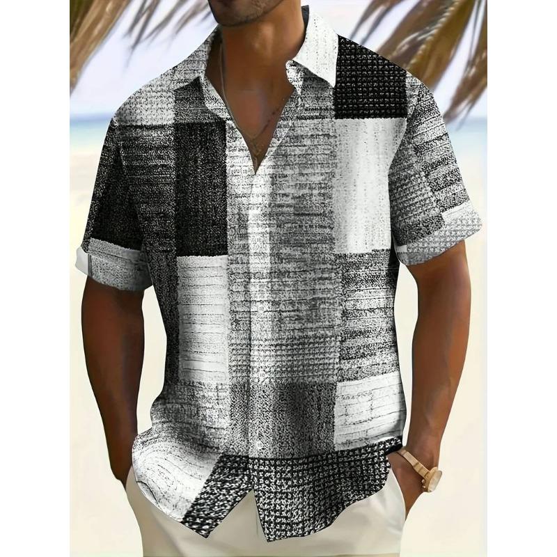Men s Plaid Patchwork Print Short Sleeve Shirt Casual Breathable Black White Top S
