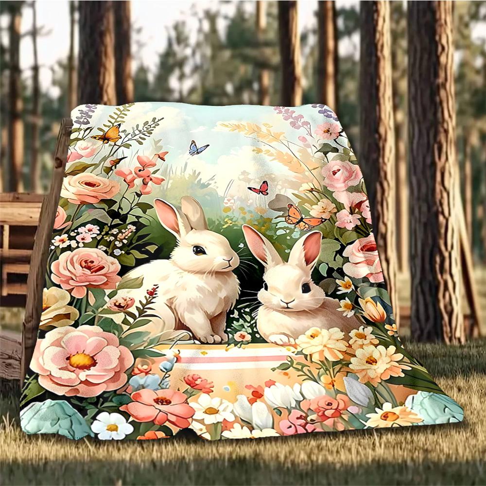 1pc Easter Bunnies Outdoor Blanket - Soft Flannel Cozy for Travel & Camping - All-Season Warm Bed Cover, Machine Washable yy251229064