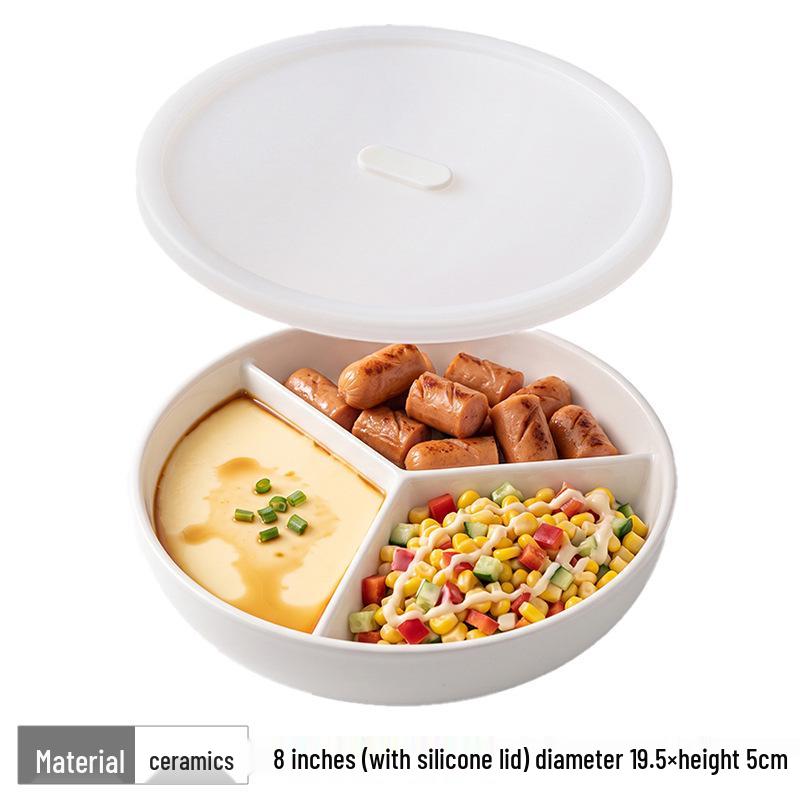 Three-Compartment Ceramic Steaming Tray: Rice Cooker, Baby Food Divider, Deep Vegetable Steamer.