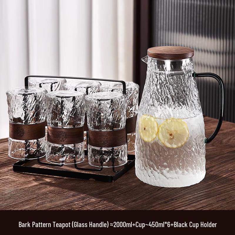 Shangqi Glass Drinkware Set: Green Handle Glacier Pitcher, 6 Tornado Cups & Holder