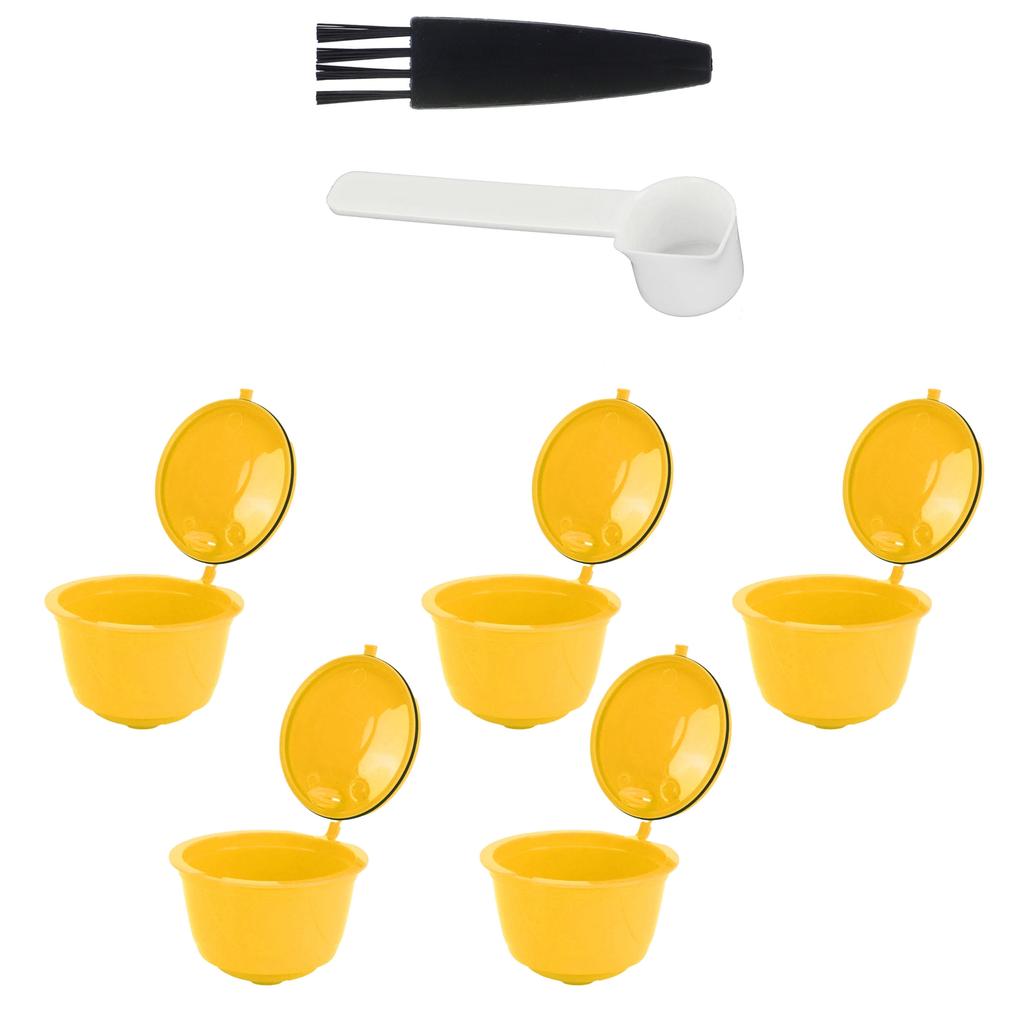 Coffee Machine Capsule Kit Reusable Coffee Filter Cup Accessories Fit for DOLCE GUSTO(Yellow 5 Capsules1 Spoon 1 Brush)