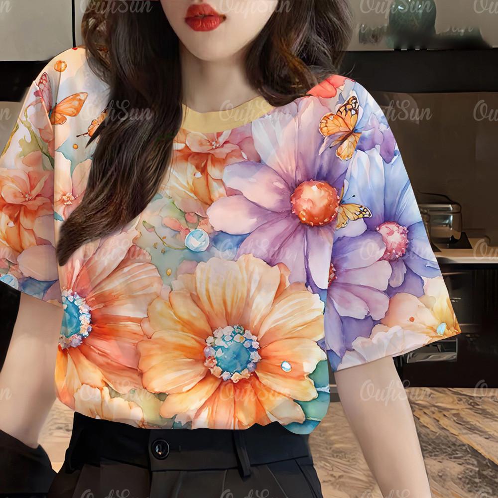 Women's clothing floral pattern T-shirt top printed T-shirt short sleeved casual streetwear women's oversized T-shirt