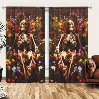 2pcs Romantic Flower Skeleton Printed Curtain for Home Decor - Rod Pocket Window Treatment for Bedroom, Office, Kitchen