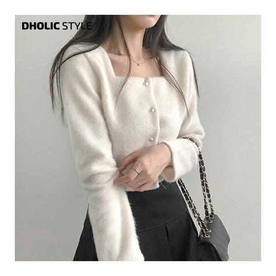 Angora Touch Square Cropped Blouse P616882 Women s [BL] Tops Long Sleeve Blouse Square Neck Button Cropped Length Feminine Girly Going Out Mix and