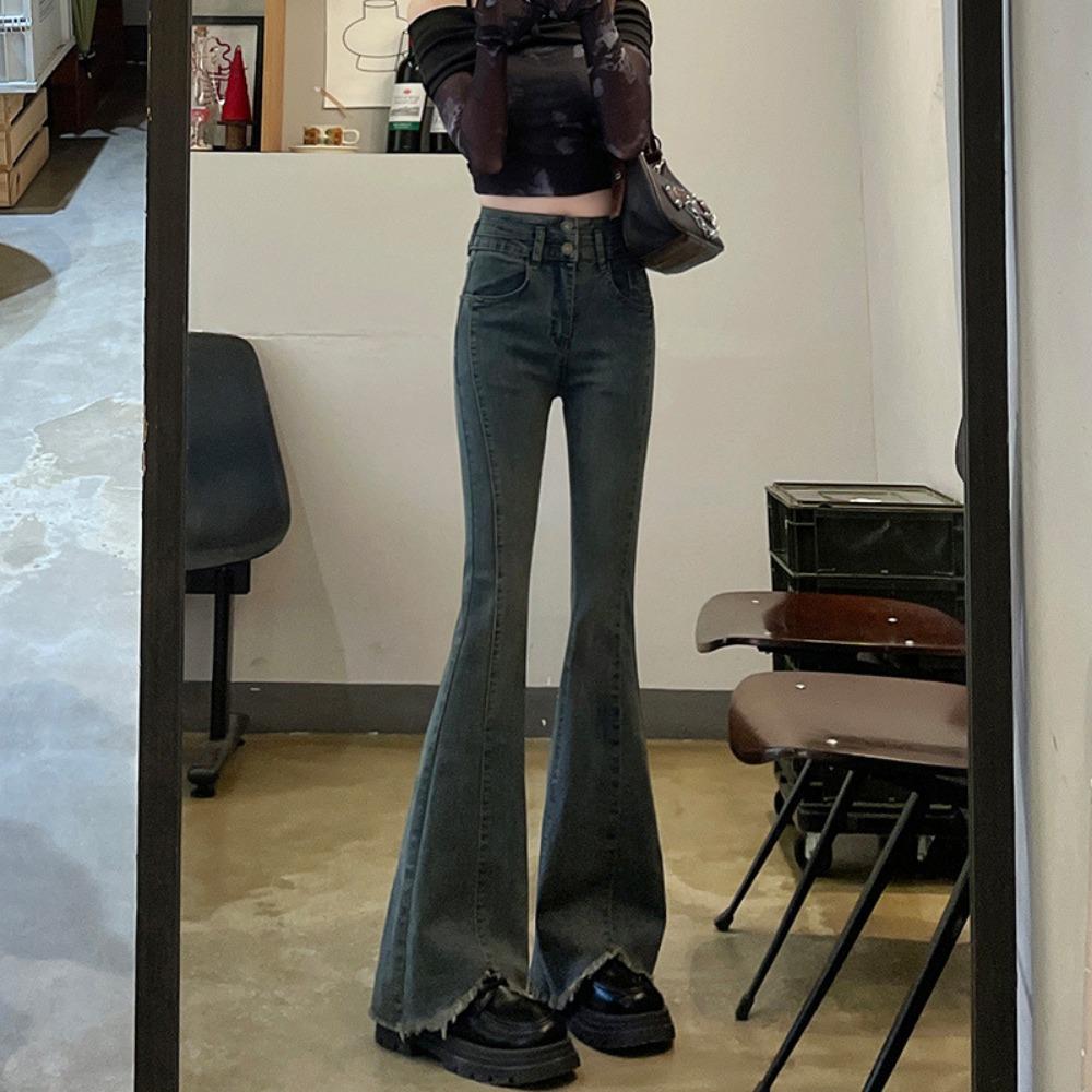 

Personalized street double-buckle micro-pull jeans spring and autumn new rough edge loose micro-flared horseshoe jeans XL