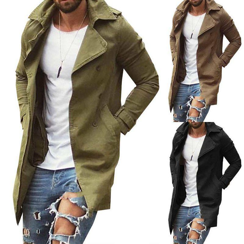 Men Lapel Trench Coat Outwear Overcoat Elegant Long Sleeve Winter Casual Warm Jacket