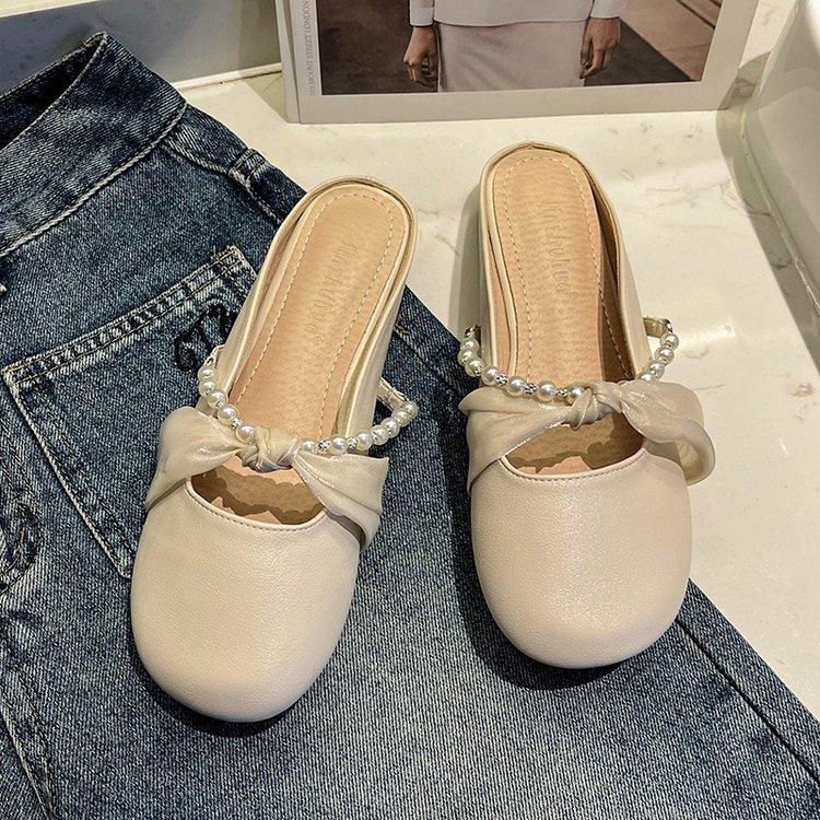 Baotou Half Slippers Women's Spring and Summer 2025 New Outer Wear Pearl Fairy Gentle and Versatile Flat-bottomed Muller Cool Slippers