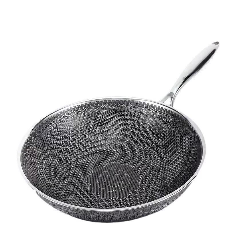 ZISIZ 34cm Stainless Steel Non-stick Flat Bottom Wok