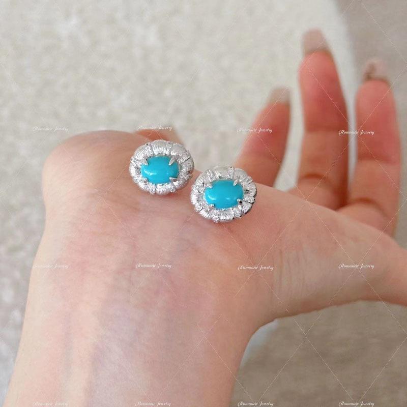 Light Luxury High Quality Turquoise Earrings For Women Fashion Oval Wire Drawing Blue Earings Stud Wedding Jewelry
