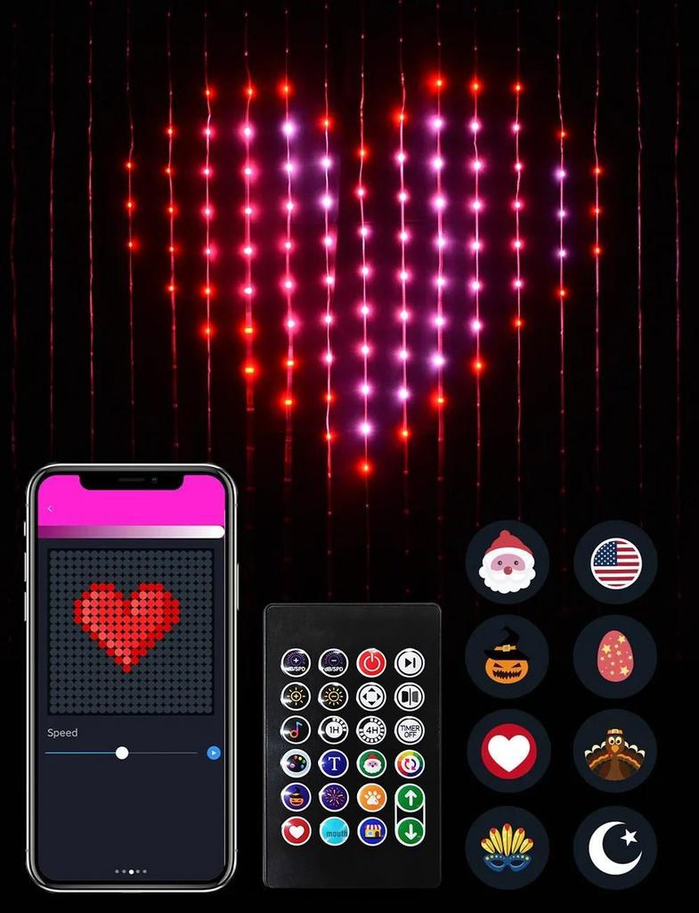 Grid Screen Hanging Smart LED Curtain Lights with Leather Line Decoration for Christmas and Dual Control Features