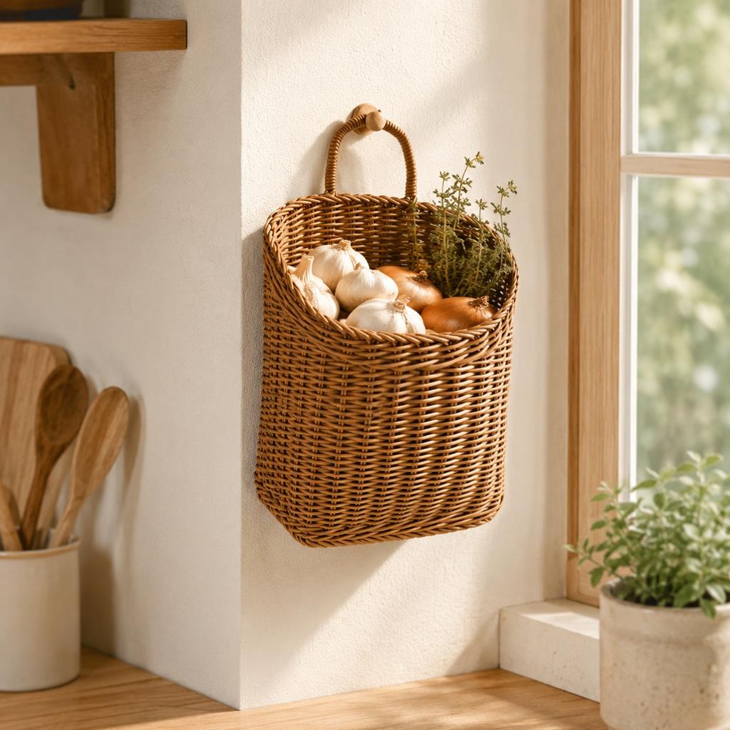 Wandhängender Aufbewahrungskorb mit Kunststoffgeflecht für, Knoblauch, - Küchengemüse zur Wandmontage