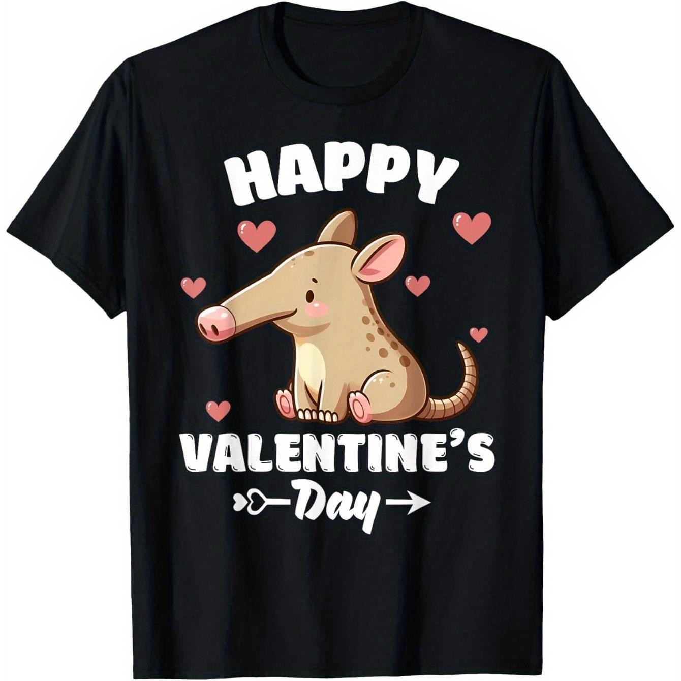 Happy Valentines Day Cute Aardvark Graphic Tee Soft Cotton Casual T-Shirt Gift S