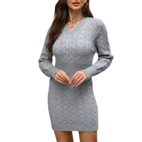 Fall Winter Women Dress Knitted Thick V Neck Slim Fit Long Sleeves Above Knee Length Twisted Texture Pure Color Sheath Office Party Mini Dress