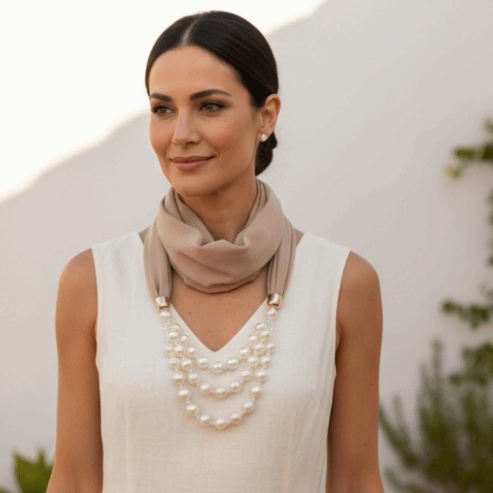 Layered Scarf Necklace Jewelry Two-in-one Chiffon Head Wrap Pearl Pendant Hijab Performance