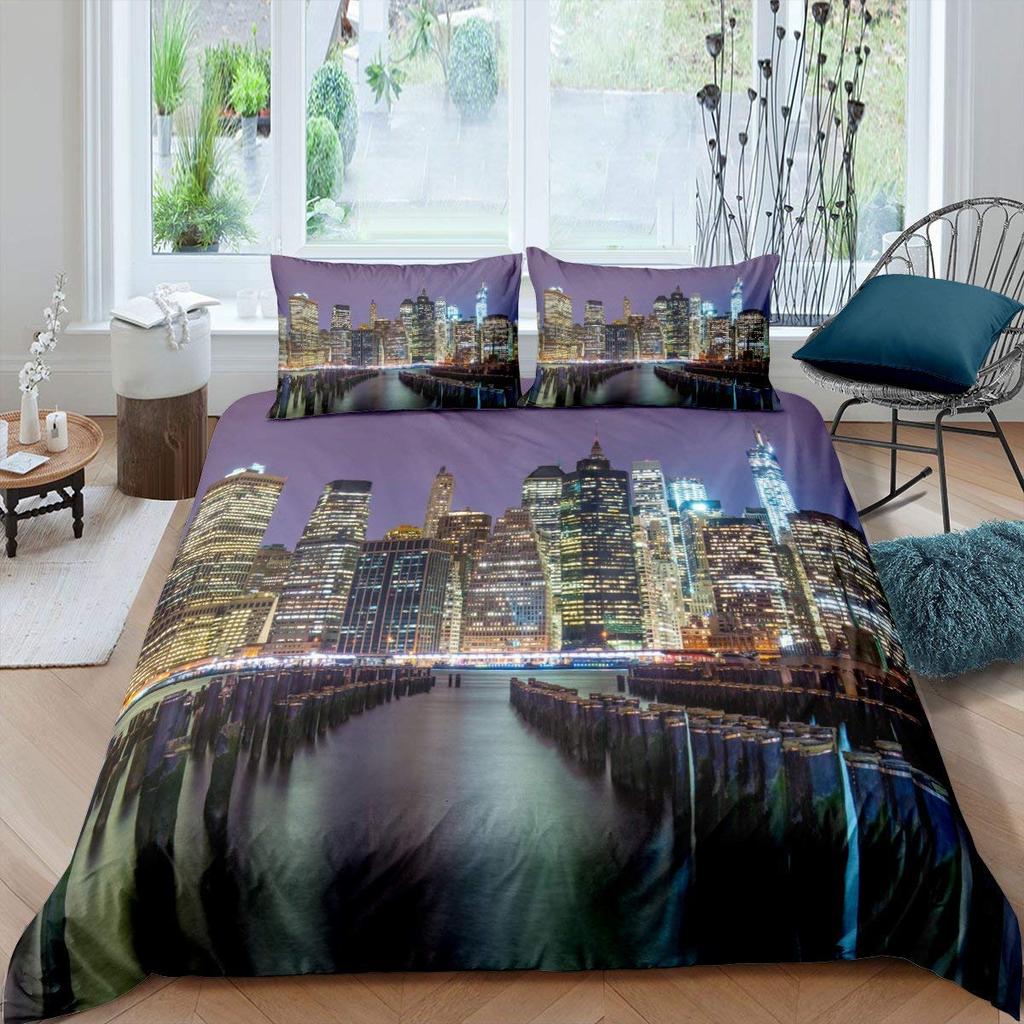 Cityscape Duvet Cover Set New York City Night View Quilt Cover For Boys Adults Microfiber Building Bedding Set 2/3Pcs King Size