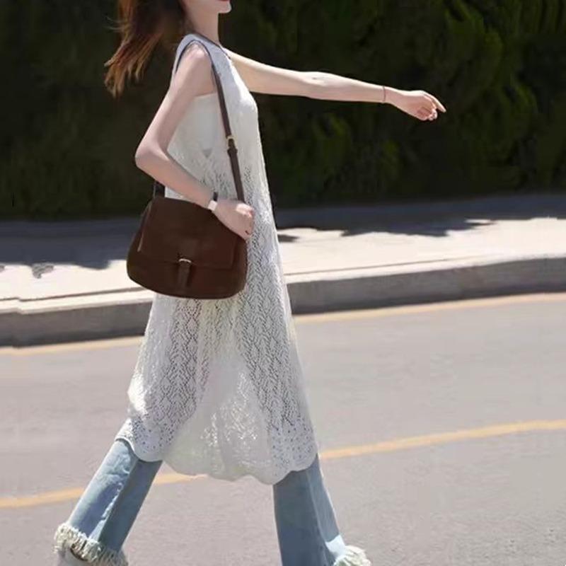 Fashion Knitted Cardigan Sleeveless Lace Dress Retro Hollow Out Sun Protection Women Cross Covers Up Summer Elegant Top Thin Korean Shirt Clothing