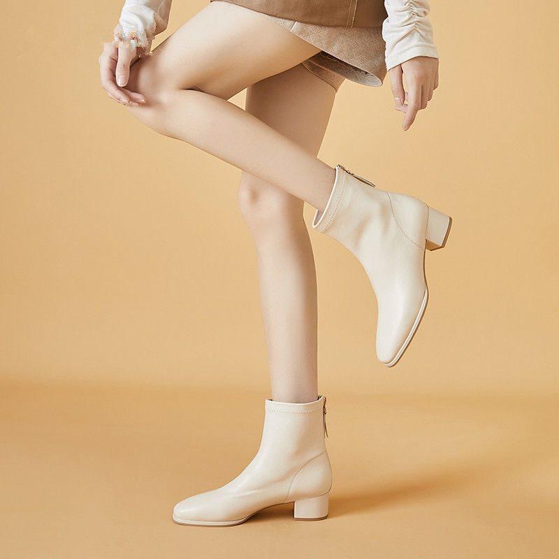 Women's White Soft Leather Ankle Boots with Square Toe and Chunky Heel - New Autumn/Winter 2025 French Style Medium Heel Slimming Design.